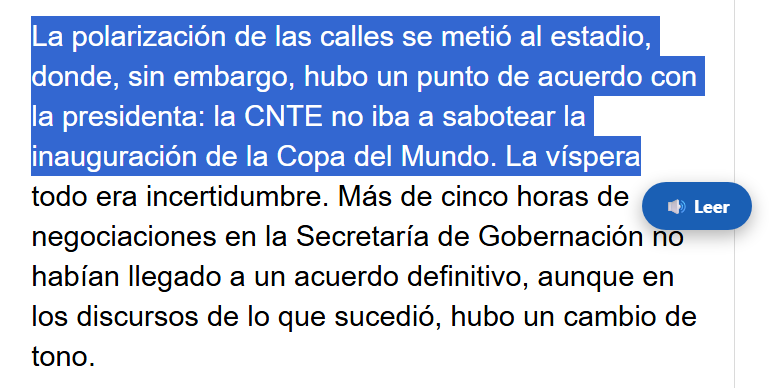 Un párrafo de noticia seleccionado en azul con el botón Leer de Modo Simple listo para leerlo en voz alta