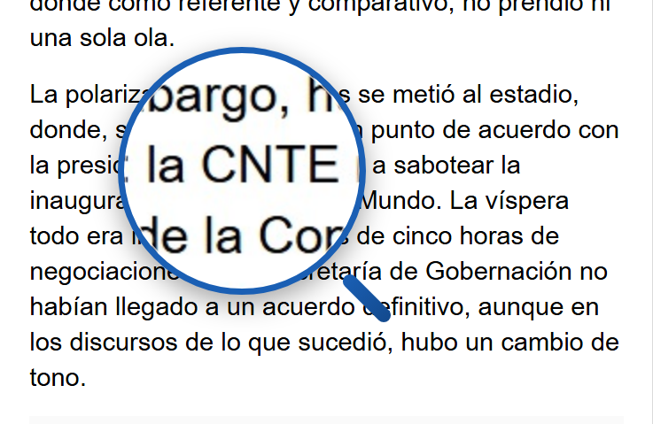 La lupa de Modo Simple ampliando el texto de una noticia, como una lupa de mano sobre el periódico