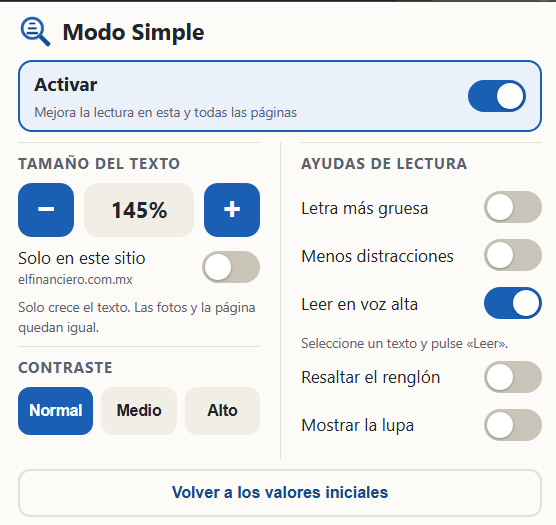 El panel de Modo Simple con el tamaño del texto en 145 por ciento, opciones de contraste y las ayudas de lectura activadas